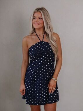 These Three Boutique Anne Ruched Navy Polka Dot Halter Mini Dress Medium